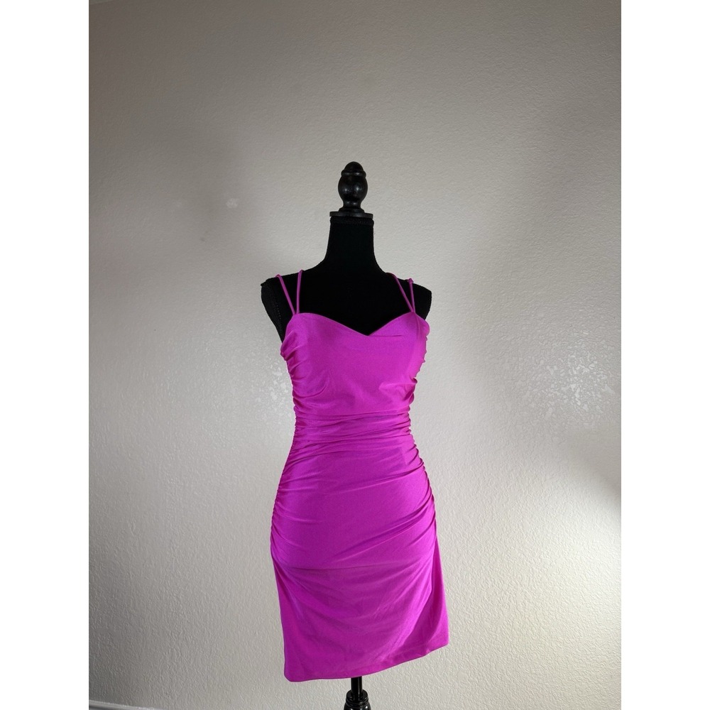 Honey and Rosie Women's Pink Ruched V-Neck Spaghetti Strap Dress Sz Small